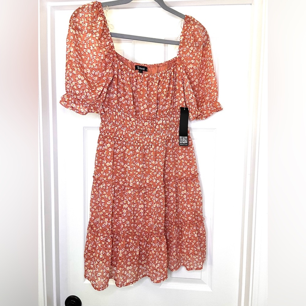 Trixxi Smocked Tiered Peasant Dress in Pink. Cottagecore Floral w/ Puff Sleeves